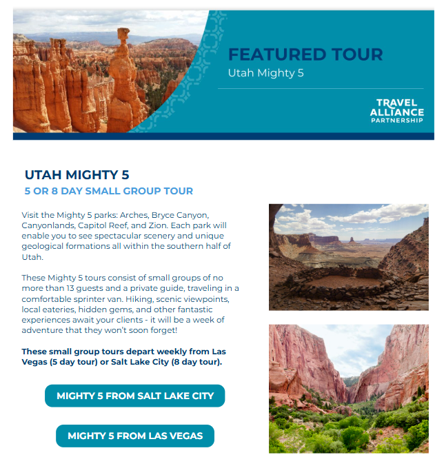 Featured Tour in Newsletter (Sent biweekly to approximately 5000 travel buyers, may increase to weekly if there is enough content)